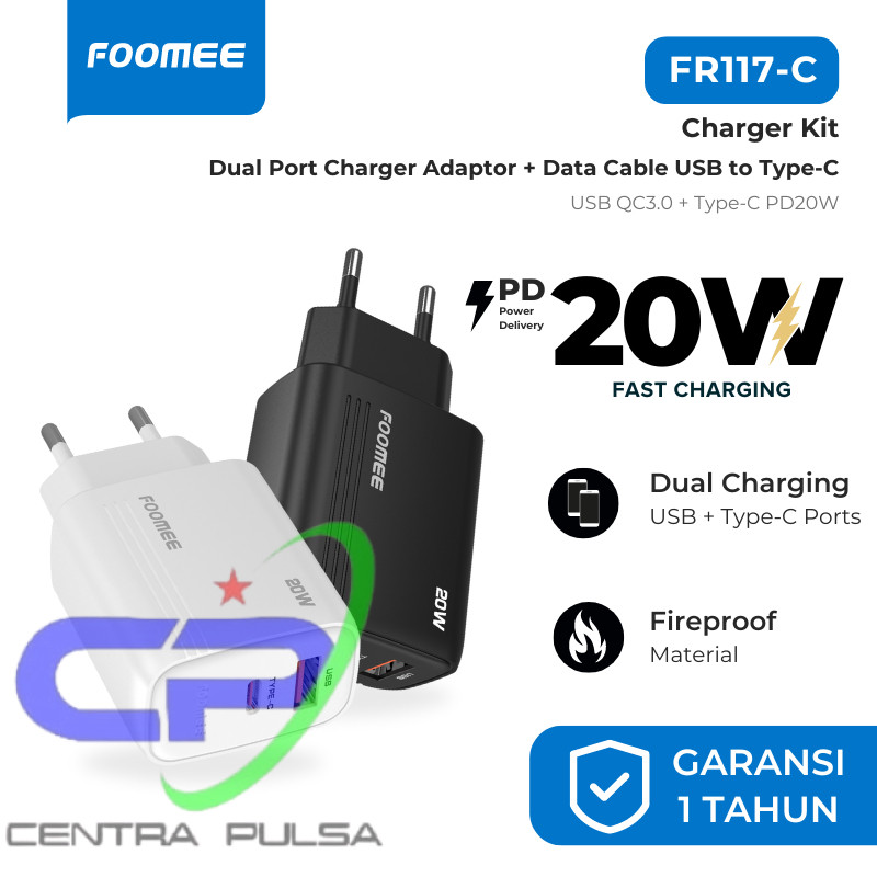 Foomee FR117-C Charger Kit Dual Port USB QC 3A & Type-C PD20W + Kabel Data Type-C 1M