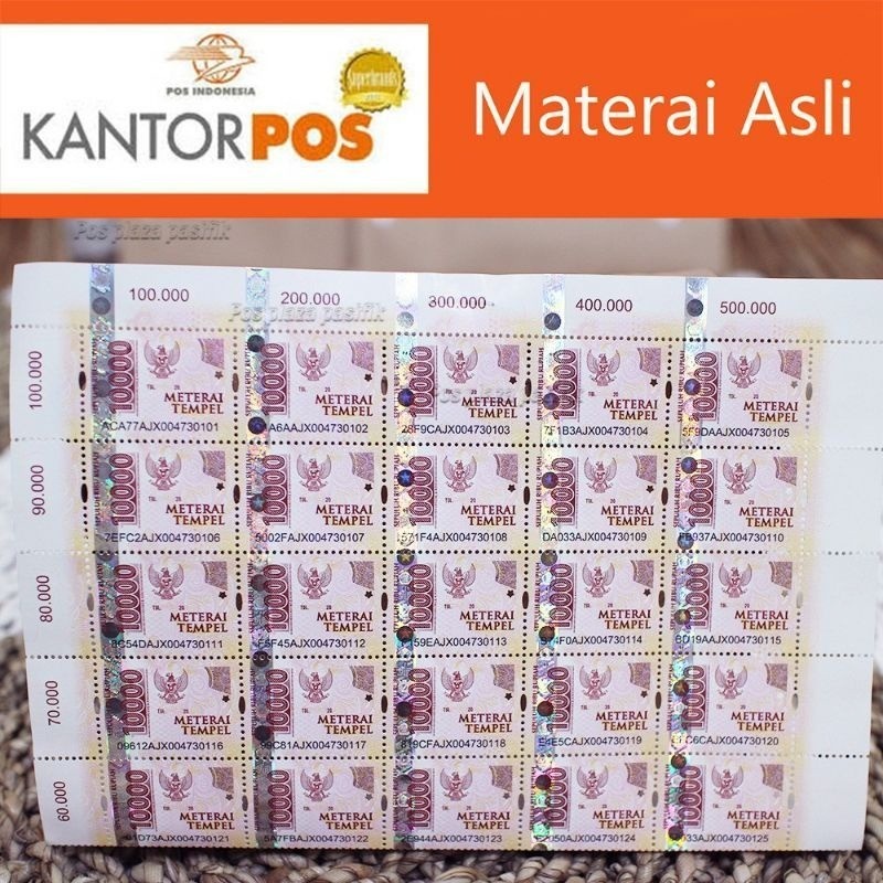 

Materai Perangko Kantor Pos 10000 ( PER 30 PCS/KEPING) RESMI PERURI