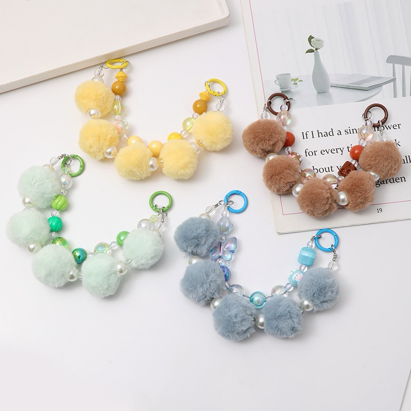 Yipao Strap Phone JJ08 Gantungan Phone Strap Pom Pom Bola Bulu Lucu Gantungan Manik HP Bulu Pompom G