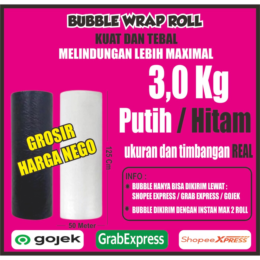 

Bubble Wrap Hitam/Bening Berat 3.0kg Lebar 125cm Panjang 50meter kualitas no.1