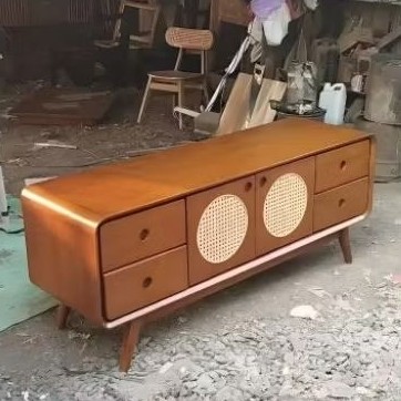 Buffet meja tv 150 cm 200 cm laci 4 pintu 2 kupu tarung kombinasi rotan alami rattan kayu jati perhu