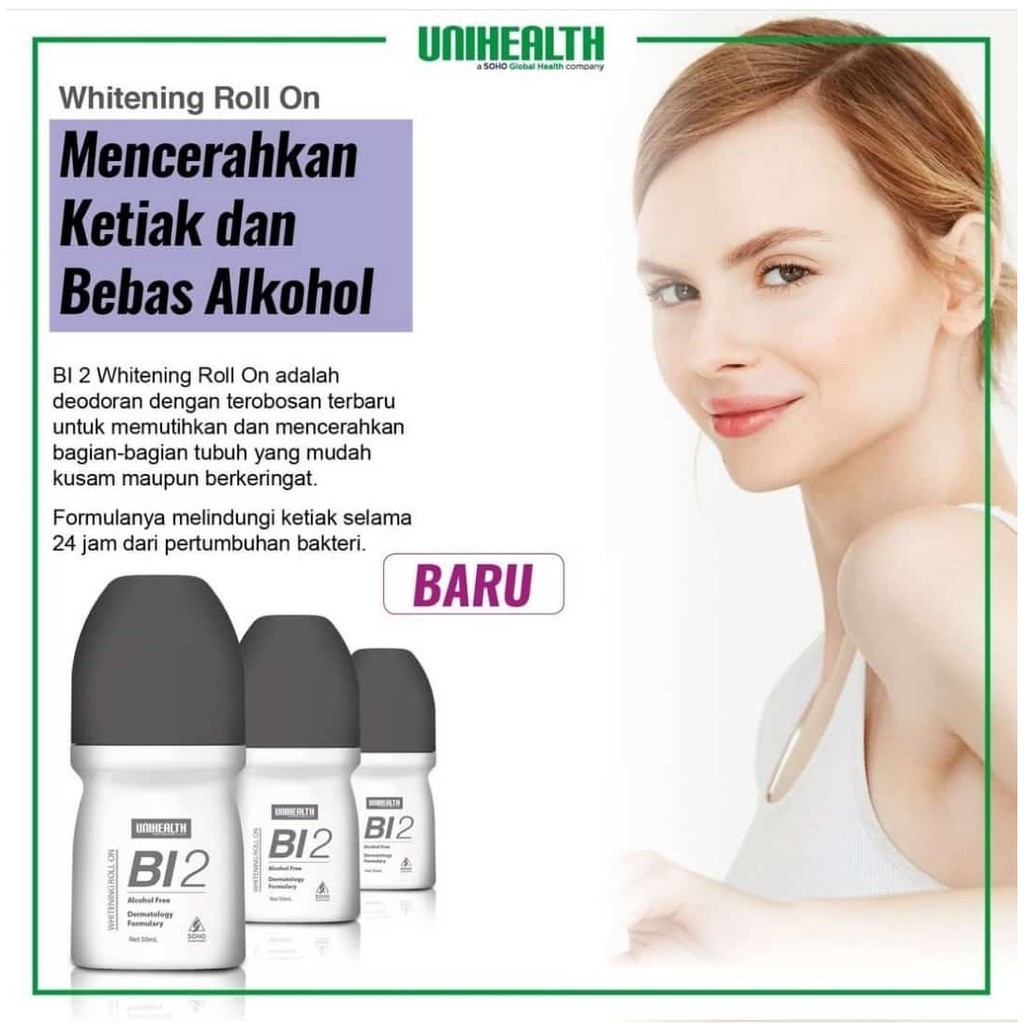 BI2 Whitening Roll On Deodorant NON Alkohol Mencerahkan Ketiak Distributor RESMI Unihealth Soho 50ml