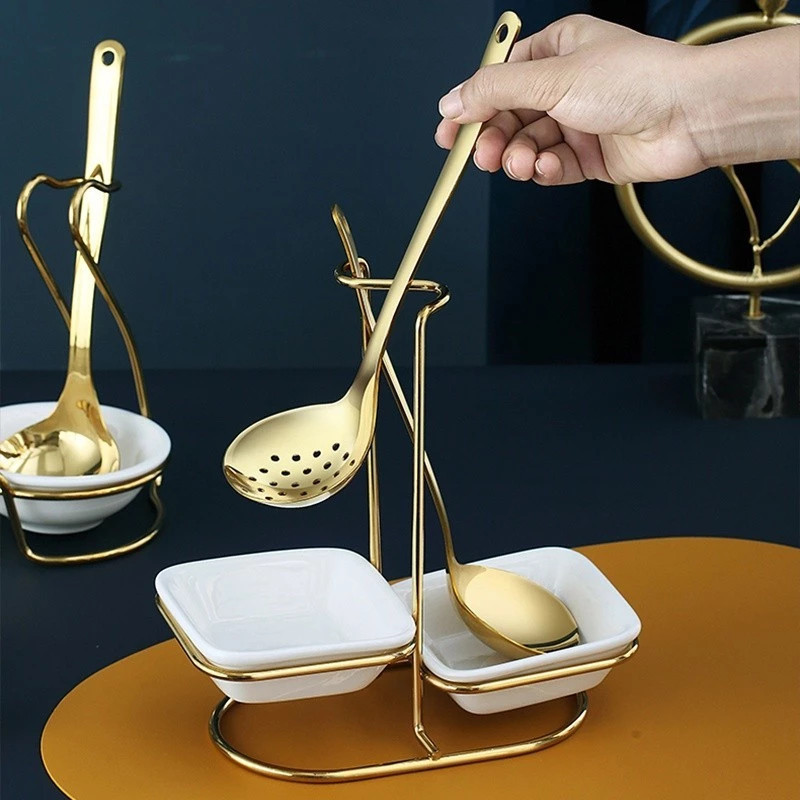 【Produk Baru】1set Stainless Steel Ladle Soup Holder Gold Stainless Steel Ladle Rak Dengan Mangkuk Ke