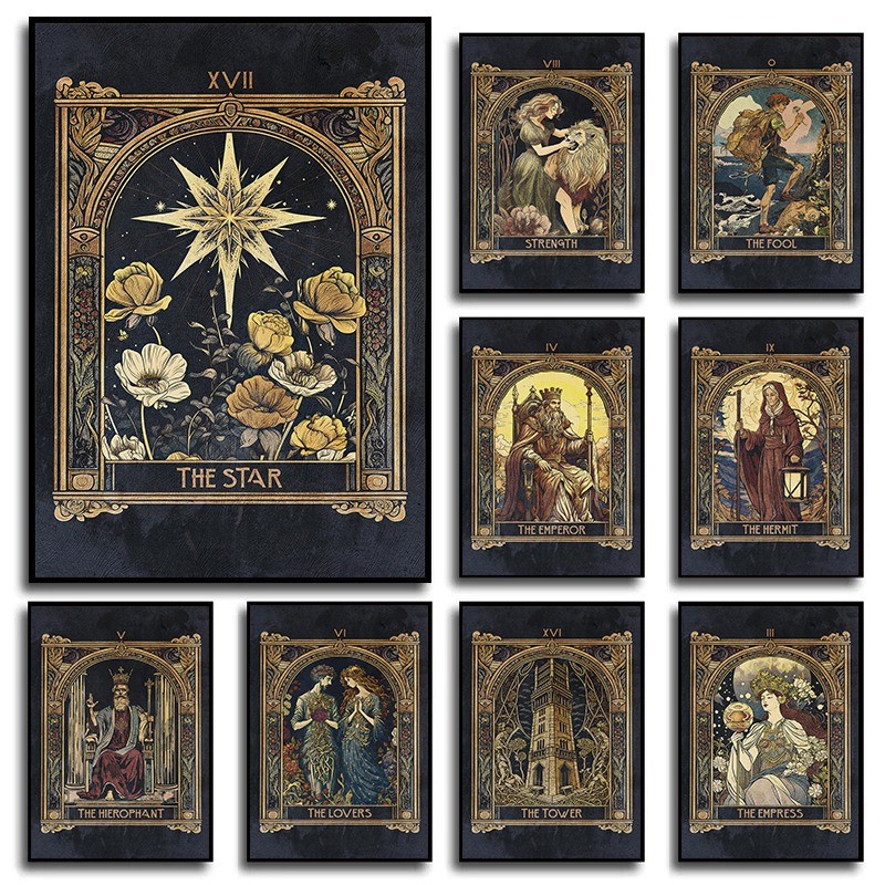 

Tarot Card Star The Tower The Empress Emperor Hermit Poster Vintage Mystical Astrology Wall Art Canvas Painting Home Decor Gift