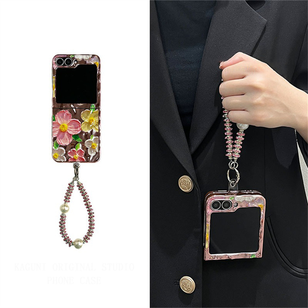 Ins Korea Mewah Pelapisan Minyak Lukisan Bunga Rhinestone Rantai Kasus untuk Samsung Galaxy Flip 6 5