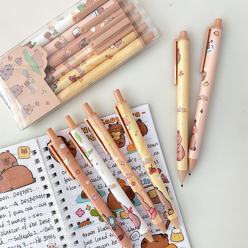 

6Pcs Kawaii Cute Capybara Gel Pen Quick-Drying Writing Smooth Pen Cartoon Pressing Neutral Pen School Supplies Stationery
