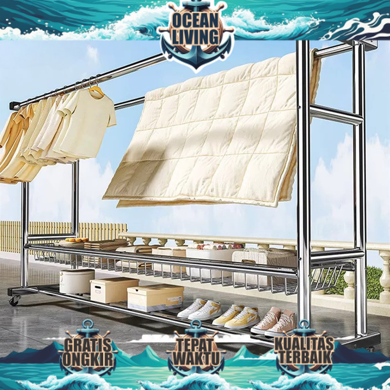 Rak Gantungan Baju Berdiri Stainless Jemuran Baju Besi Kuat Besar Jemuran Baju Stainless Dengan Roda