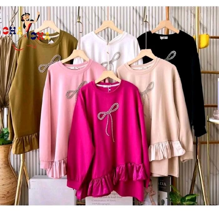 CHASHOP Atasan Kaos Tunik Ruffle, Ruffle Pita / Atasan Import Casual Wanita / Baju Dewasa Panjang To