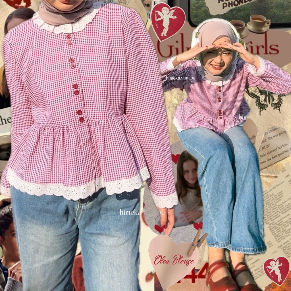 Himeka Vintage - Olea Blouse (Navy & Maroon) Vintage Coquette Blouse - Plaid Blouse