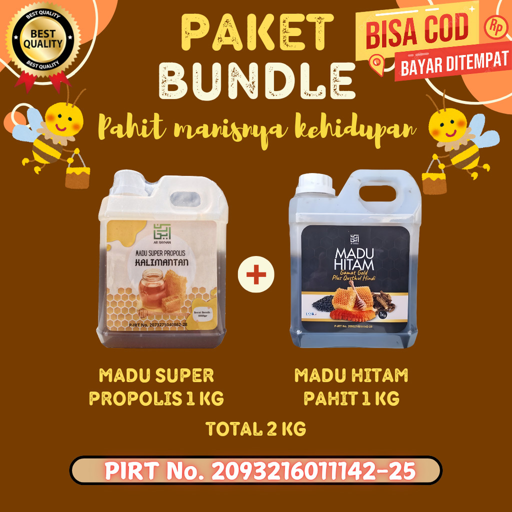 

Paket Bundling 2 Pcs Harmoni Madu Manis Dan Pahit Kehidupan Propolis, Bee Pollen, Gamat, Qusthul Hindi, Habbatussauda, Sambiloto Total 2 Kg Ar Rayhan