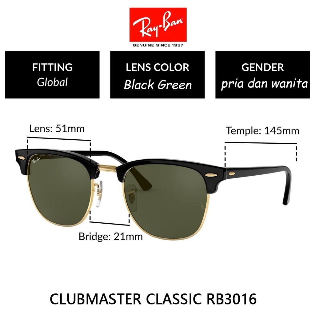 KACAMATA RAY BAN CLUBMASTER CLASSIC ORIGINAL RB3016 FASHION PRIA WANITA LENSA KACA DIAMOND HARD