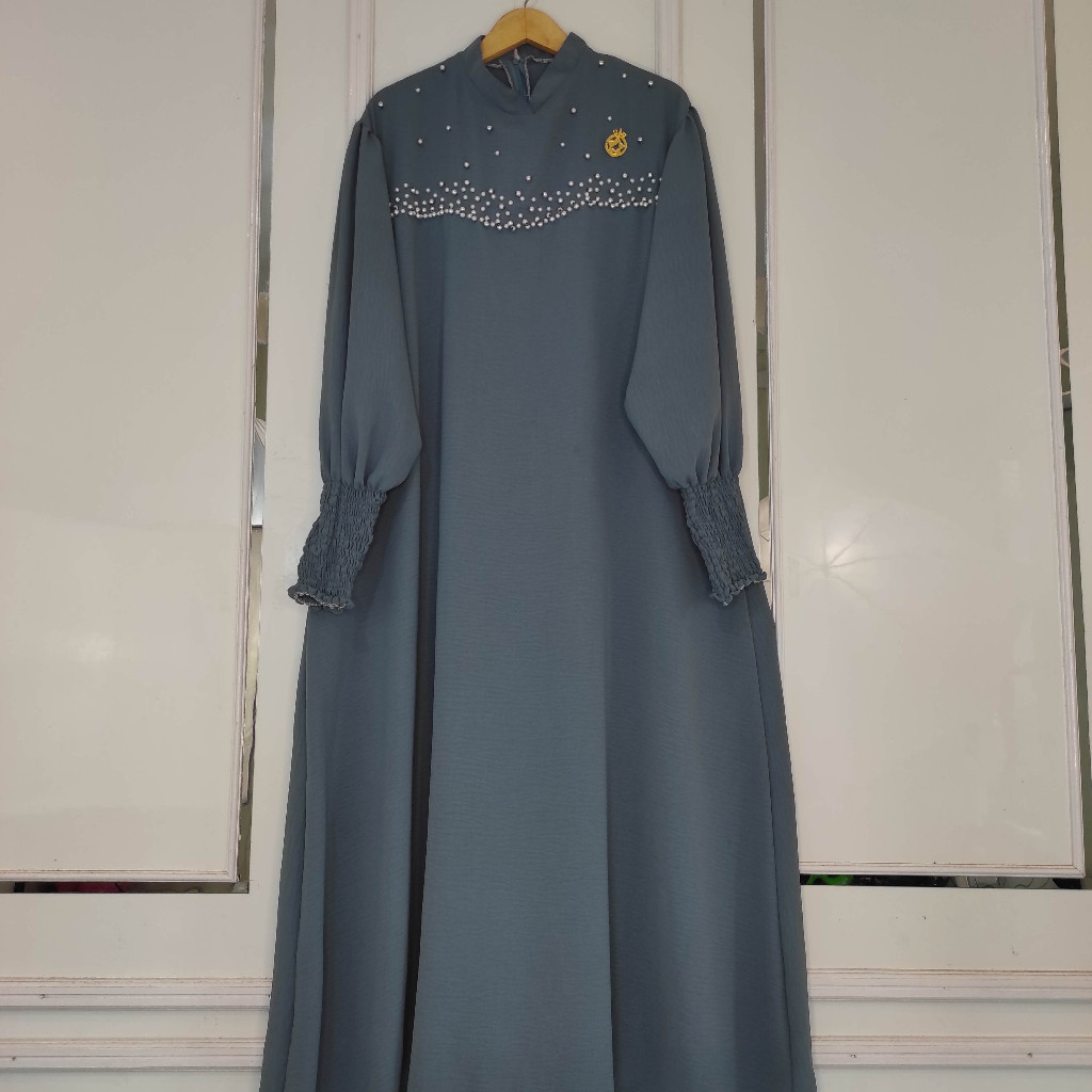 zx77b Zenya Dress | Gamis Jumbo LD 130cm Payet Mutiara Mewah Crinkle Airflow Lengan Balon Wanita Mus