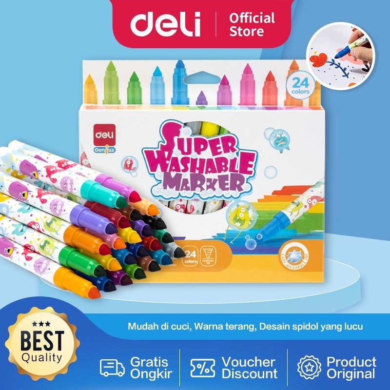 

BOBOMARTS DELI SPIDOL SUPER WASHABLE MARKER SPIDOL ANAK COLOR MARKER JUMBO FELT PEN ISI 12/24 WARNA MURAH