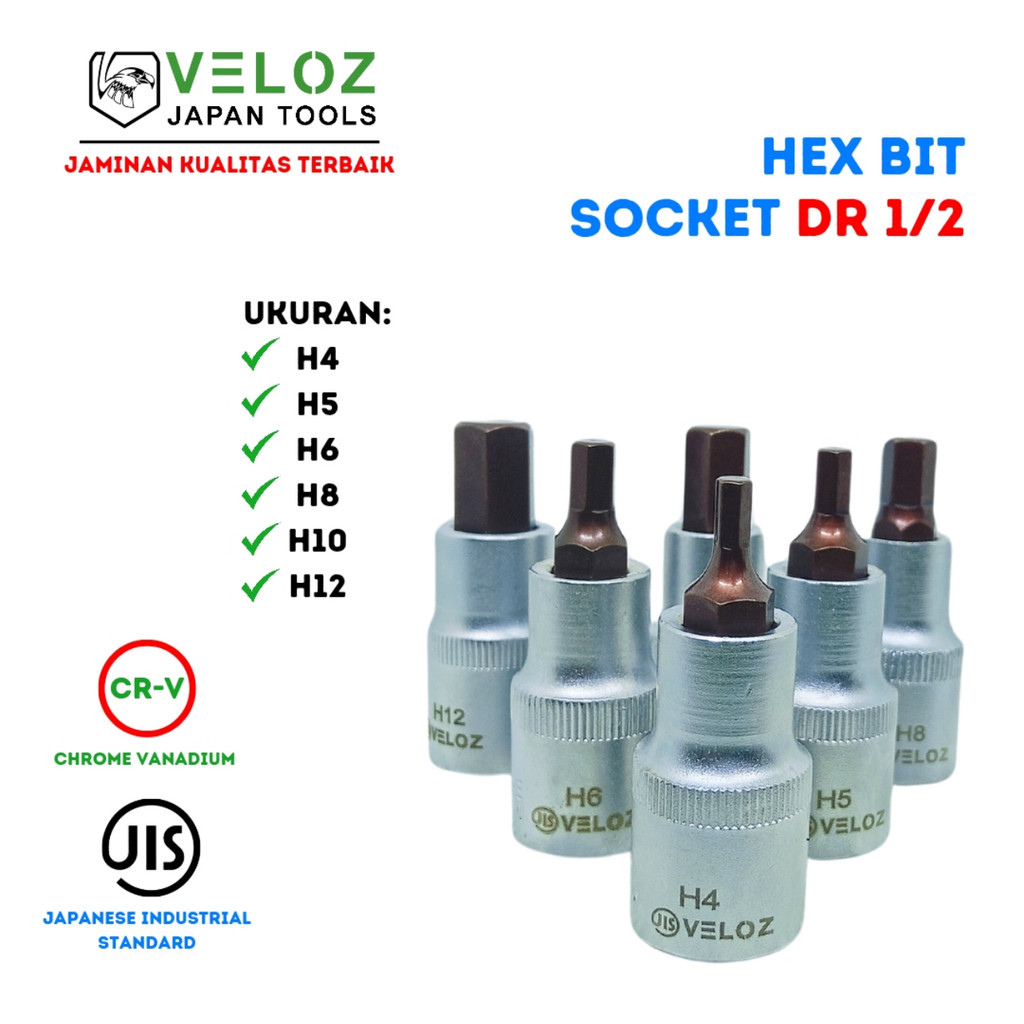 (gd) Veloz mata kunci sok sock shock socket L ketok 4 5 6 8 10 12mm 1/2" inch hex bit type