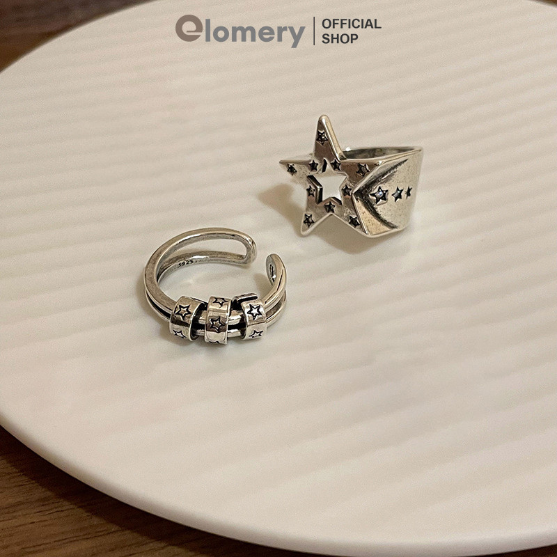 Elomery Cincin Pasangan Cincin Pentagram Gaya Hip-hop Cincin Berdesain Retro