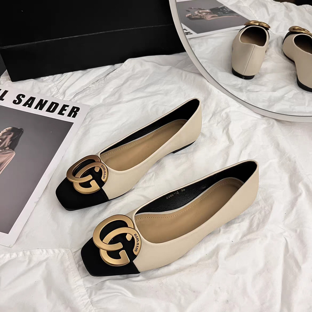 [Siap]Sepatu flat wanita model baru hak datar ujung persegi sepatu loafer kulit lembut ukuran besar 