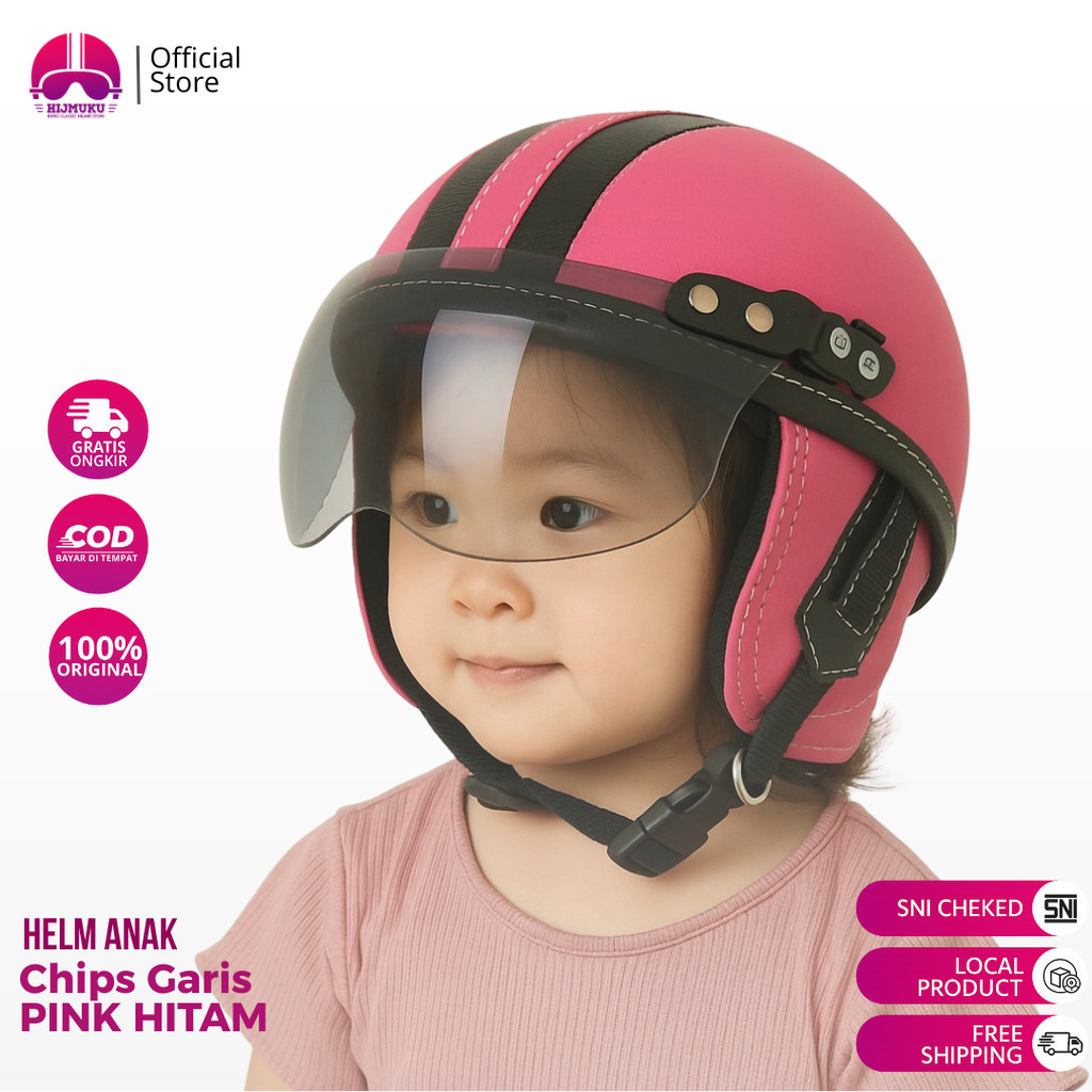 Joykidz Helm Anak Chips Garis Pink Hitam Retro Helm Motor Balita Cowok Cewek Kualitas Premium SNI As
