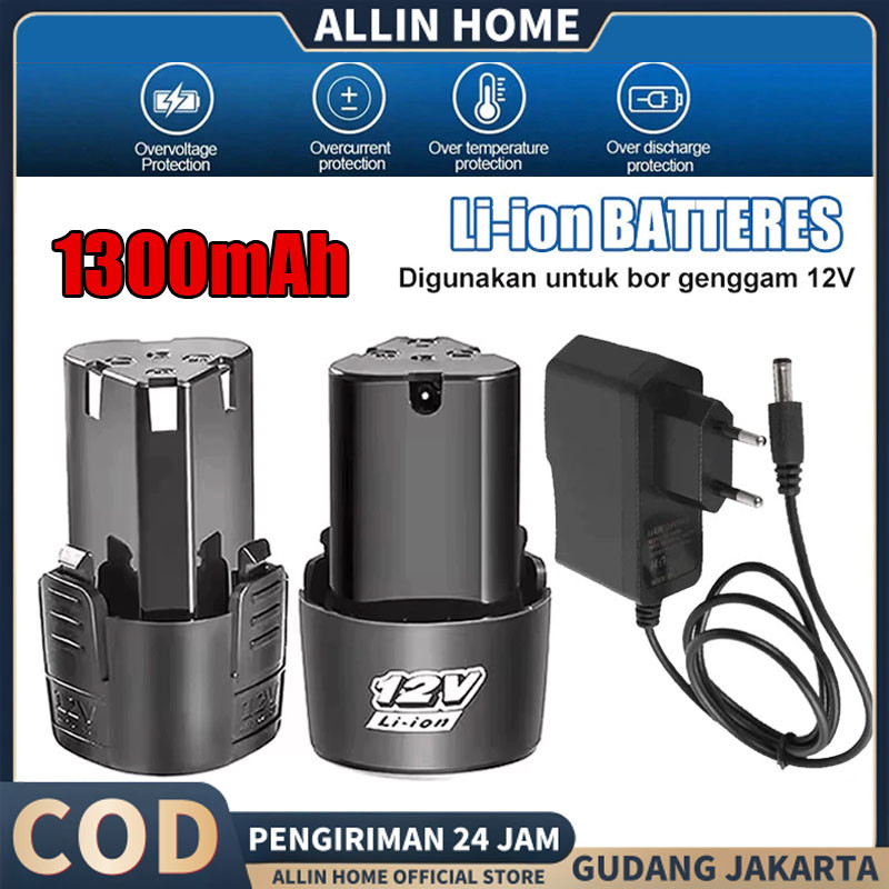Baterai Mesin Bor Cas 12V 1300mAh Cordless Drill+Charger Baterai Lithium Yang Dapat Diisi Ulang Berl