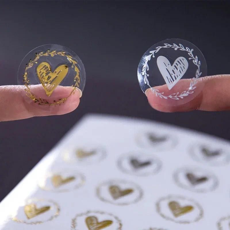 

200Pcs/Set Bronzing Transparent Sealing Stickers Love Heart Round Gold Silver Black Envelop Candy Bag Lables for Baking Gift DIY
