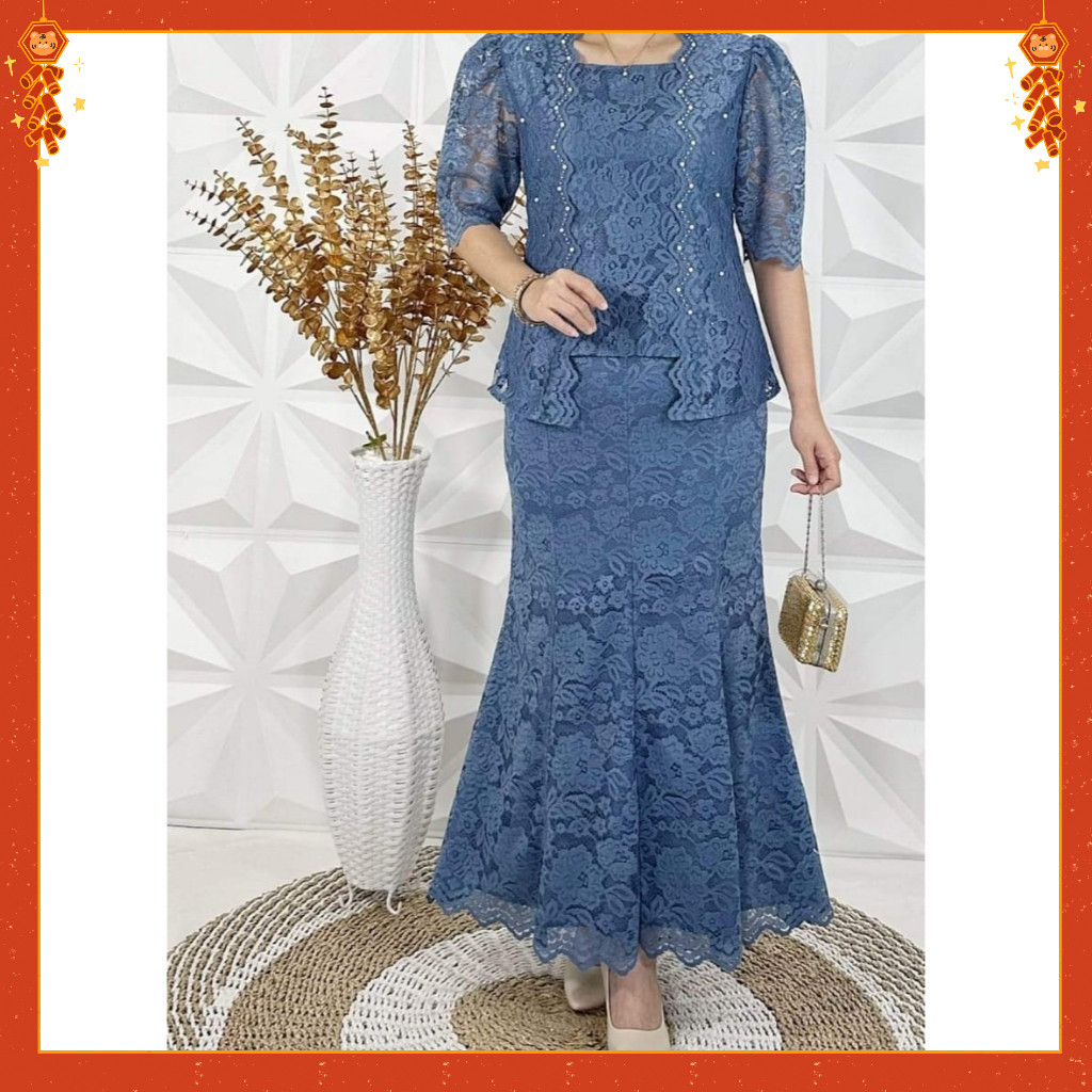 WATs One Set Wanita Kekinian Setelan Atasan Dan Rok Brokat Panjang