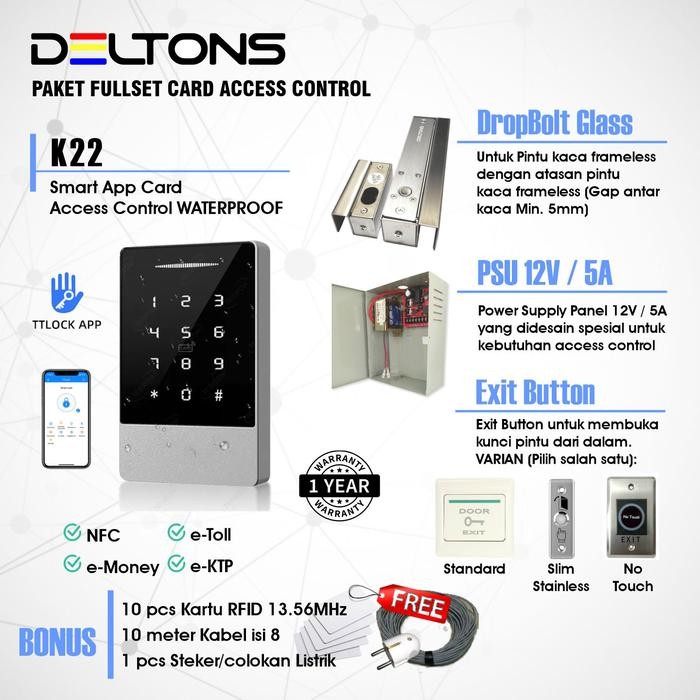 

Deltons K22 Paket Smart APP Door Access Control Card 13.56MHz Dropbolt - Dropbol Gap 5mm, Standard
