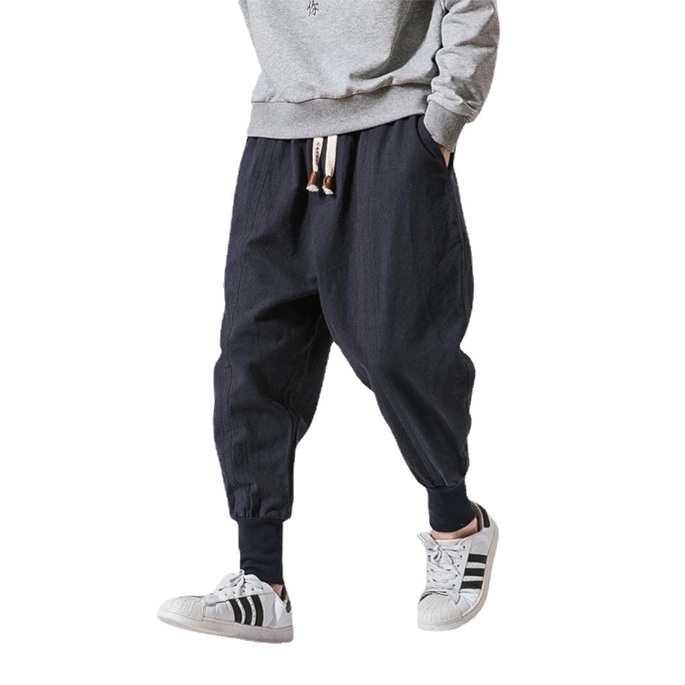 Cotton Linen Harem Pants Men Solid Elastic Waist Streetwear Joggers New Baggy Drop-crotch Pants Casu