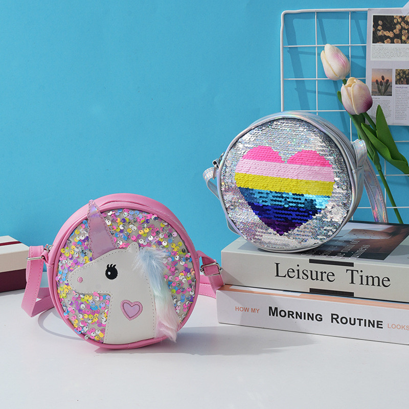 Girls Sequin Crossbody Bag Unicorn Kids Shoulder Bag Adjustable Strap Princess Handbag Heart Rainbow