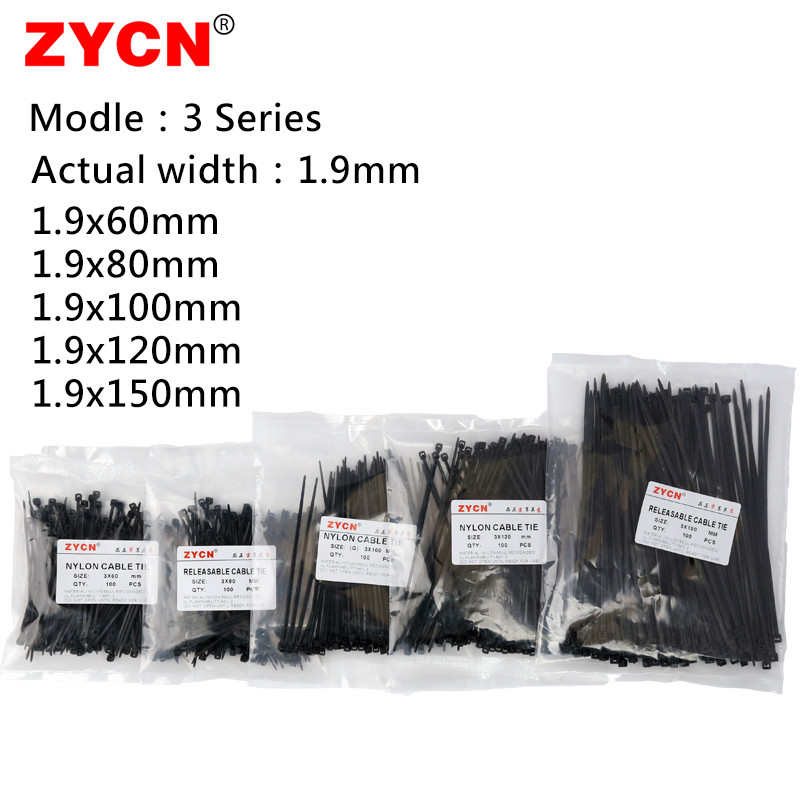 

500Pcs Cable Ties 3x60 3x80 3x100 3x120 3x150 Width1.9mm Self-Locking Plastic Nylon Wire Zip Black White Fasteners Combination