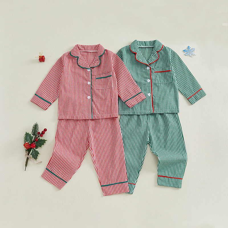 Baby Girl 2Pcs Christmas Pajamas Long Sleeve Plaid Print Shirt + Pants Sets Toddler Sleepwear Kids F