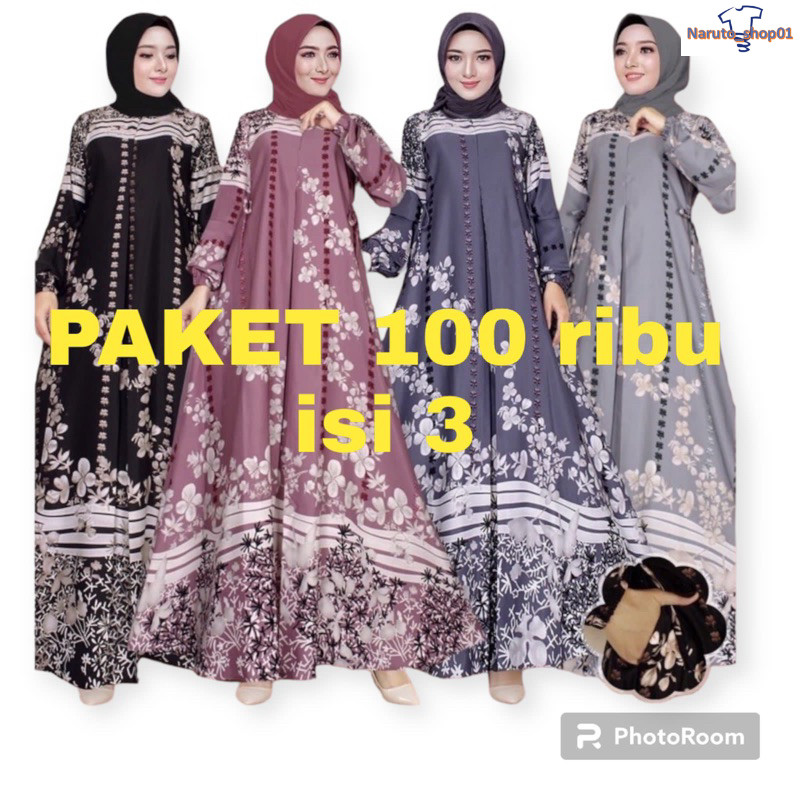 PAKET 100 ribu isi 3 gamis selena premium lengan kerut