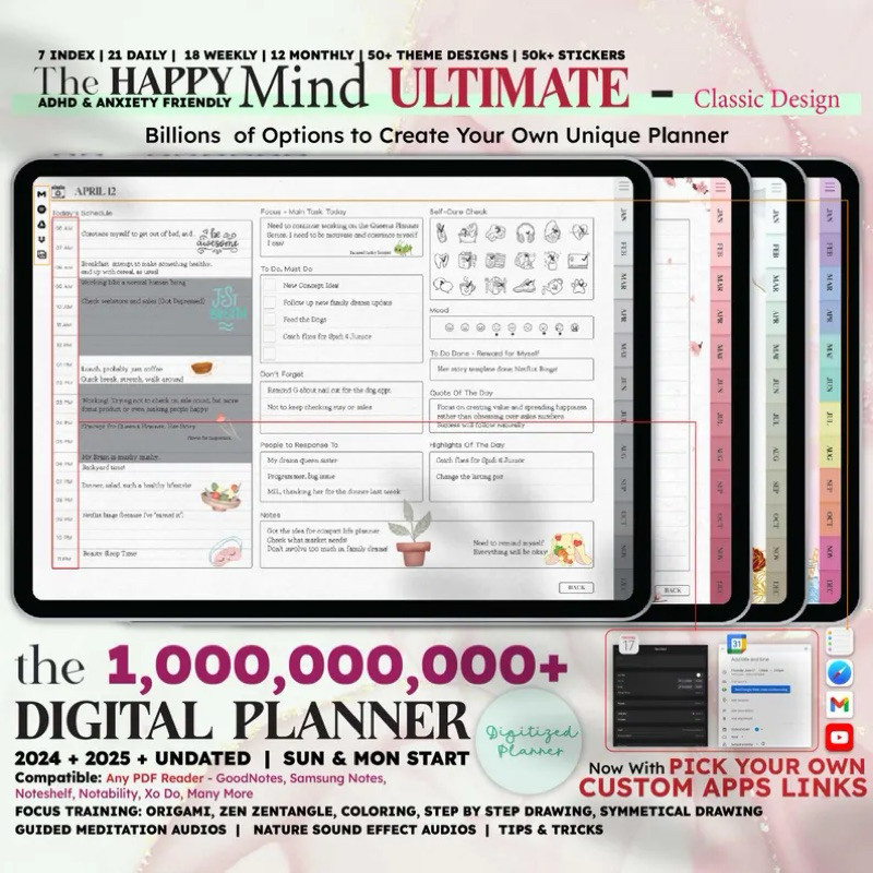 

ADHD Digital Planner 2025, Undated, 21 Daily, 18 Weekly, Monthly Planner, Android & GoodNotes, Anxiety Journal