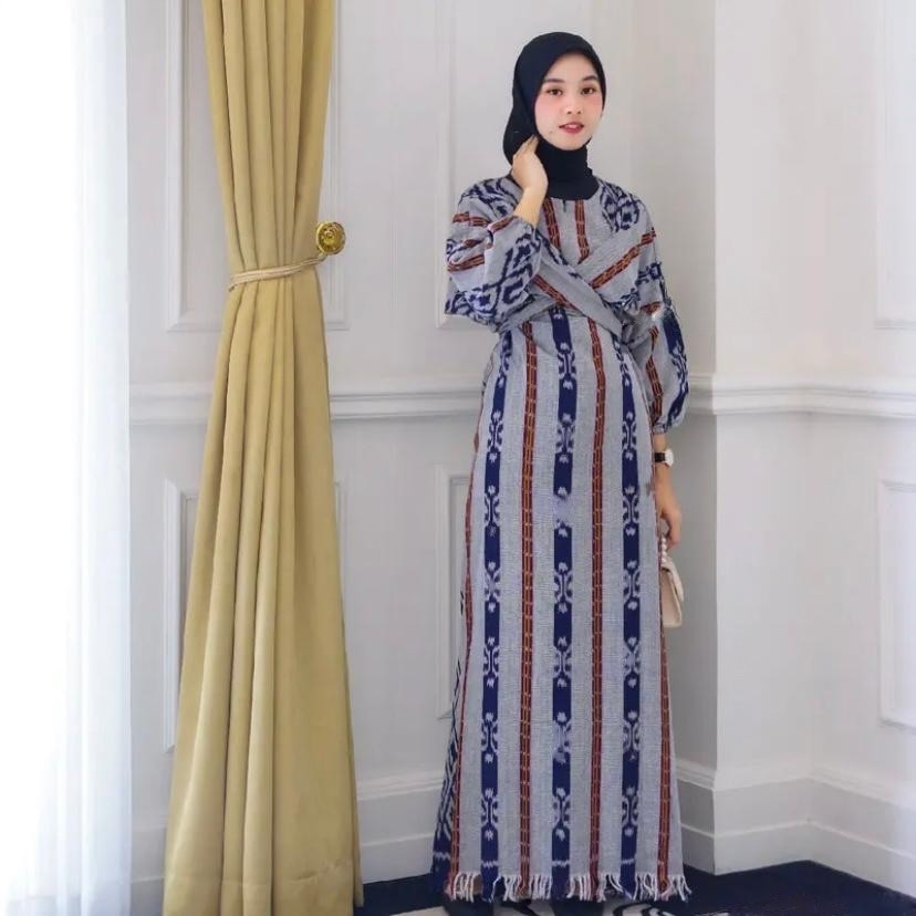 dress wanita kondangan dewasa muslim tenun etnik terbaru