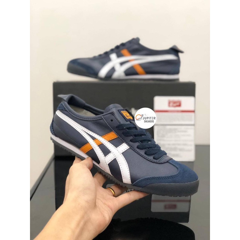 Promo Sepatu #Onitsuka Tiger Leather Navy White Orange •Free paperbaq dan kaos kaki•
