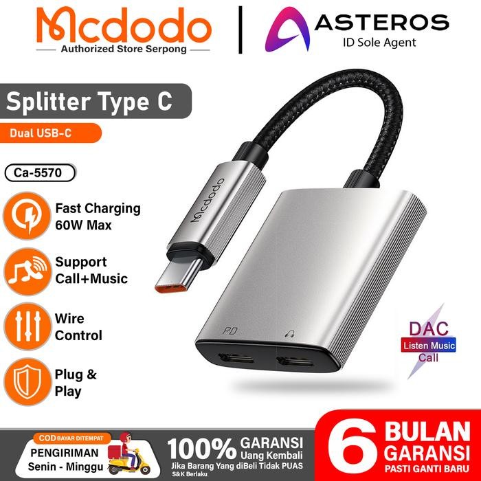 MCDODO Converter Splitter Type C To Audio Call + Type C Fast Charging - Ca-5570
