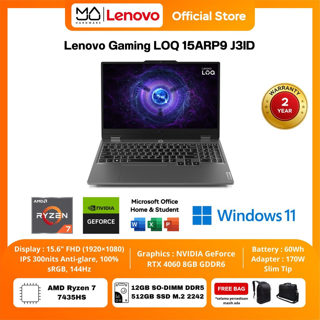 Laptop Lenovo LOQ 15ARP9 J3ID Ryzen 7 7435HS 12GB SSD 512GB RTX4060