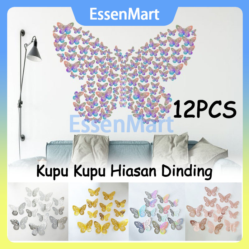 

12PCS Stiker Dinding Kupu Kupu / Di Dinding Tiga Dimensi Kamar Tidur / Stiker Tiga Dimensi Laser Warna-Warni Kupu-Kupu Kertas Berongga