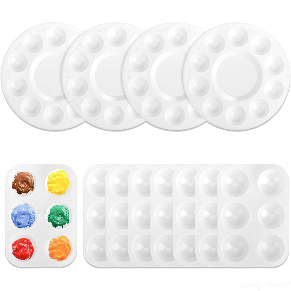 

12 Pack Paint Palettes Set including 4pcs Round Palettes and 8pcs 6-Well Rectangular Paint Palettes for Kids Painting Kits