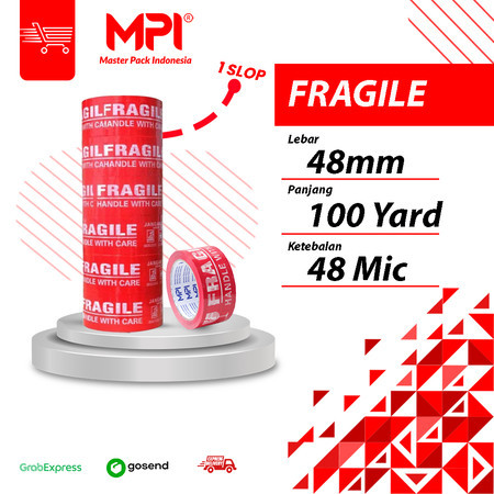 

1 LUSIN [ Isi 12 ] Lakban Fragile Merah 48 mm x 100 Yard - Handle With Care Jangan Di Banting - MPI