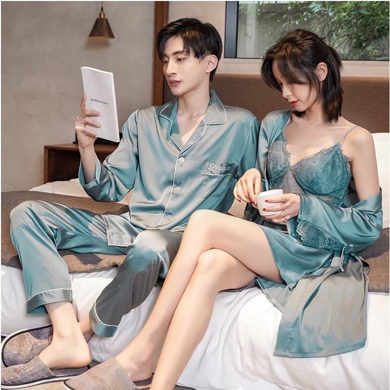 N2202 sleepwear kimono silk satin / Baju tidur satin couple wanita dan pria LENGAN PENDEK