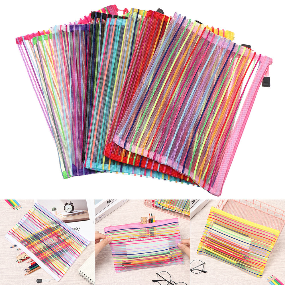 

Nylon Pencil Case Simple Rainbow color Mesh Document Bag Multicolor Zipper Stationery Bag Storage Bag Office School Supplies