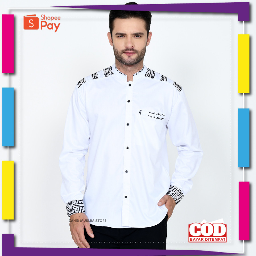 [PREMIUM ORIGINAL] Baju Koko Pria Lengan Panjang Pendek Motif Annos Kombinasi Batik Warna Putih - Ba