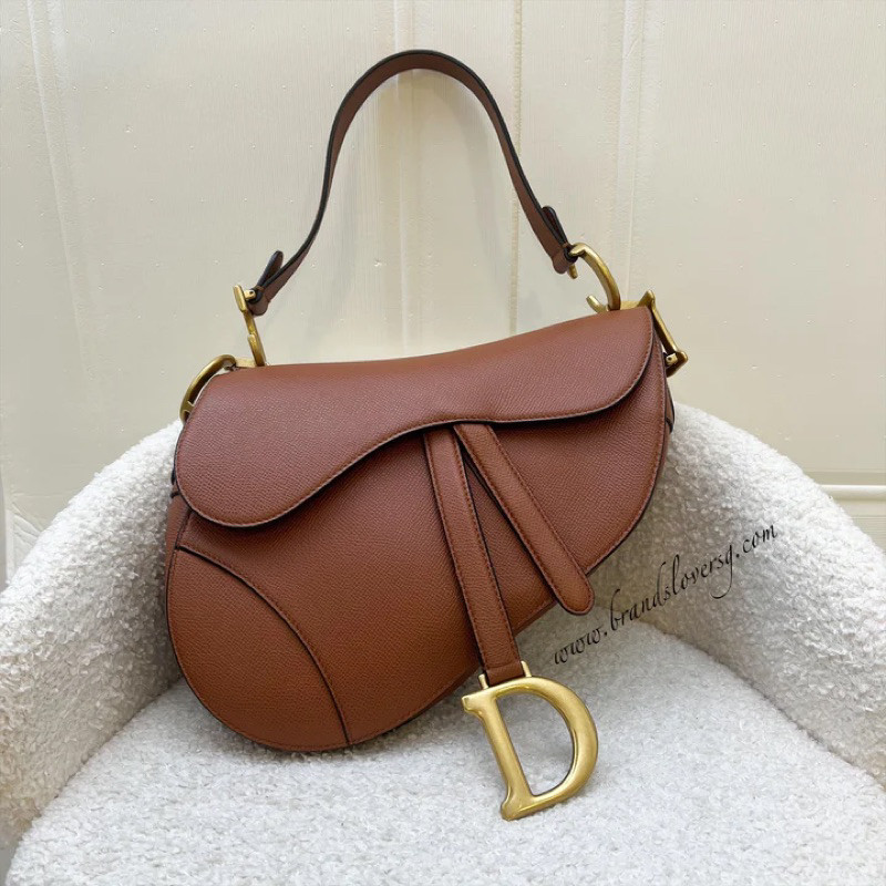 (Pre-loved) Dior Medium Saddle Bag in Camel / Tan Grained Calfskin and AGHW