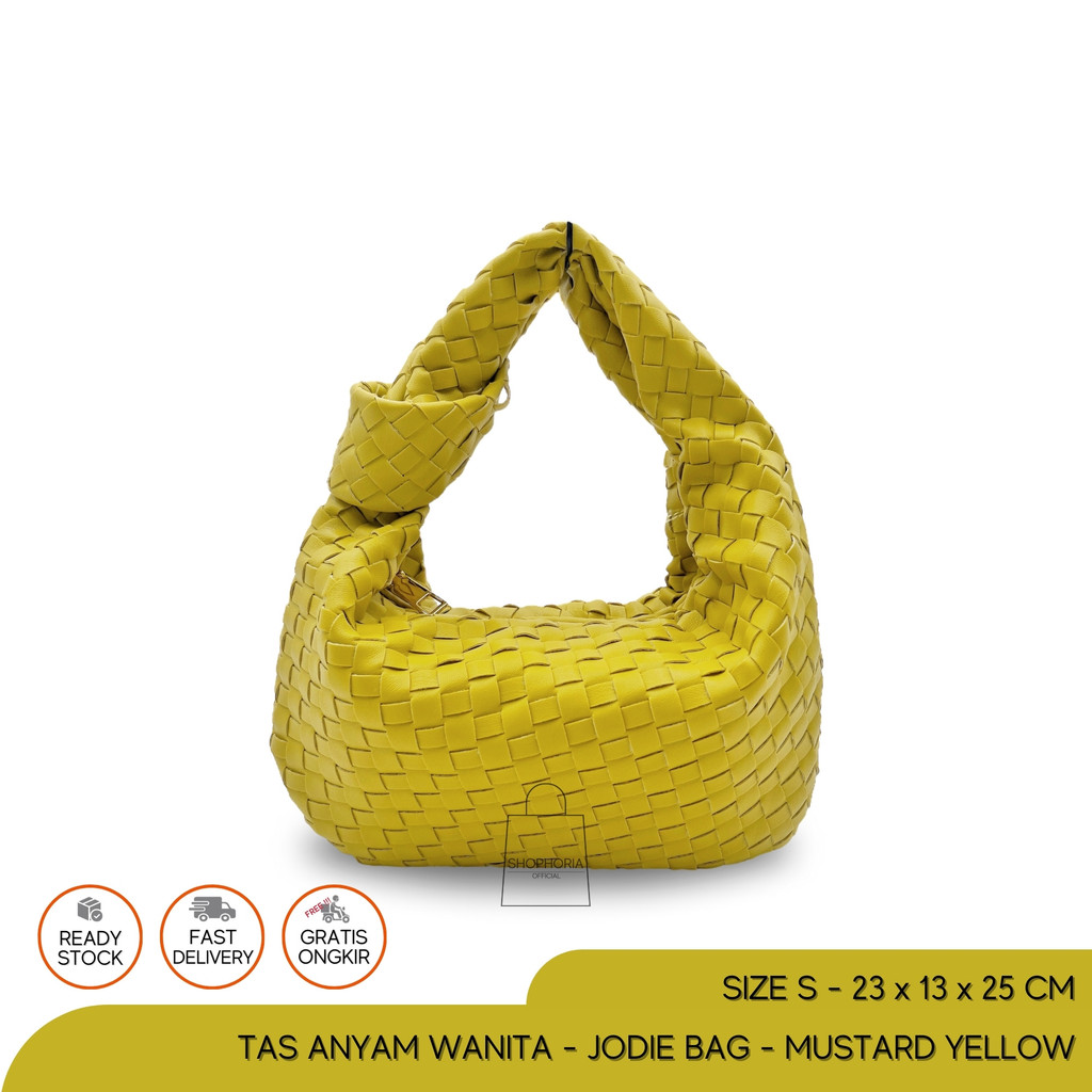 Tas Tenteng Anyam Wanita BV Mini Jodie Woven Bag Mustard Yellow Size Small Kecil Jody Kuning Jodi To