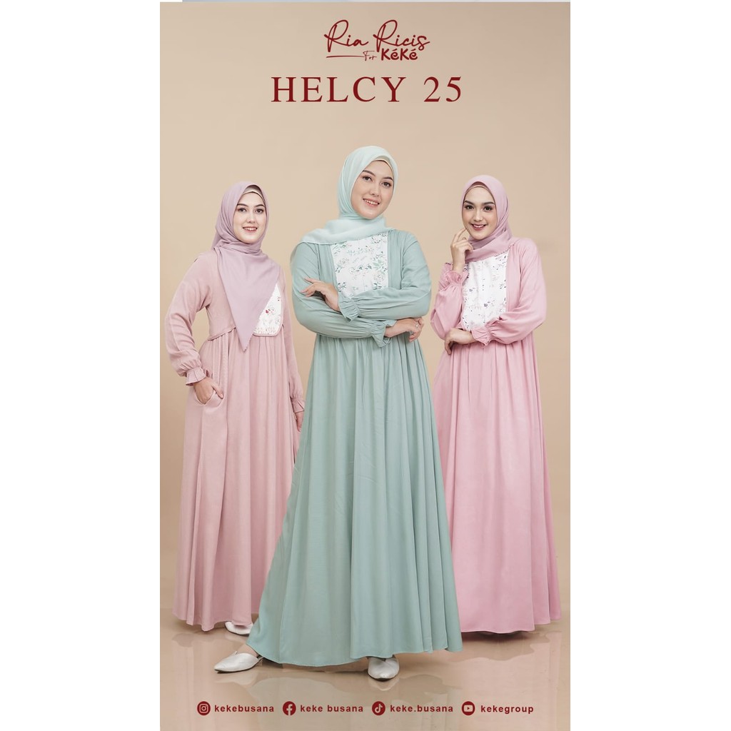 Keke Ricis Helcy 25 Gamis Rayon Twill Micro Mauve Pale Mint Baby Pink Variasi Lipit Tali Pinggang