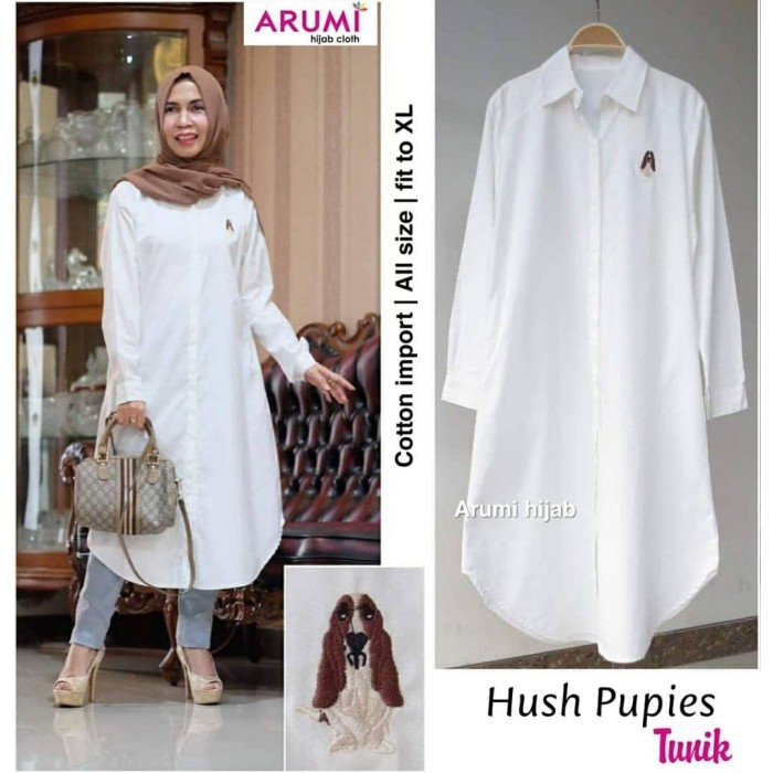Bambee/Baju Muslim Style Keren /long tunik muslim kemeja wanita kemeja putih wanita tunik putih polo