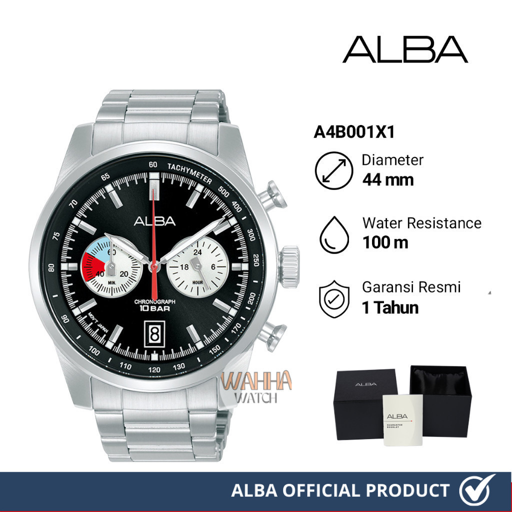 Jam Tangan Pria Alba Signa Chronograph A4B001X1 Black Dial Silver Stainless Steel Strap