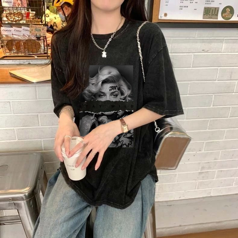 Qlioo Washed T-Shirt Baju Kaos Oversize Wanita Cetakan Mode Jalanan Retro Style Baju Wanita Import 1
