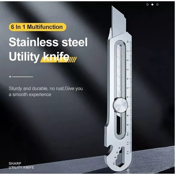 

ONETOKOOFC Pisau Cutter 9IN1 Stainless Steel Dengan Pengukur Pembuka Botol Obeng Baut Skrup Multifungsi