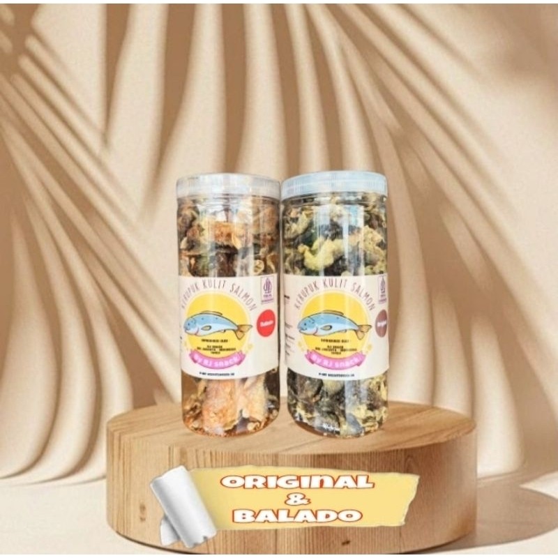 

Paket Hemat kerupuk kulit ikan salmon varian rasa original Dan Balado Toples Besar 150gr