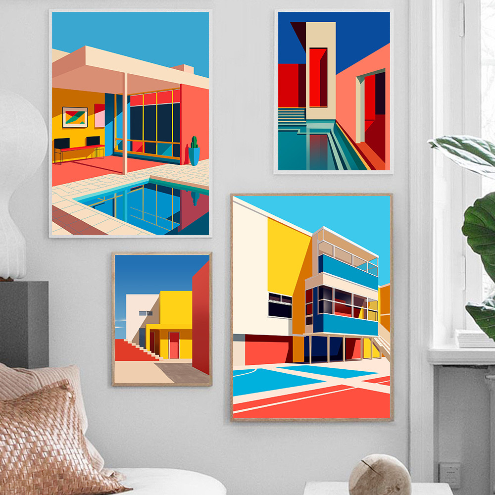 

Colorful Balcony Poolside Rooftop Giclee Illustration Modern Rule Build Poster Print Decor Abstract Wall Art Canvas Painting